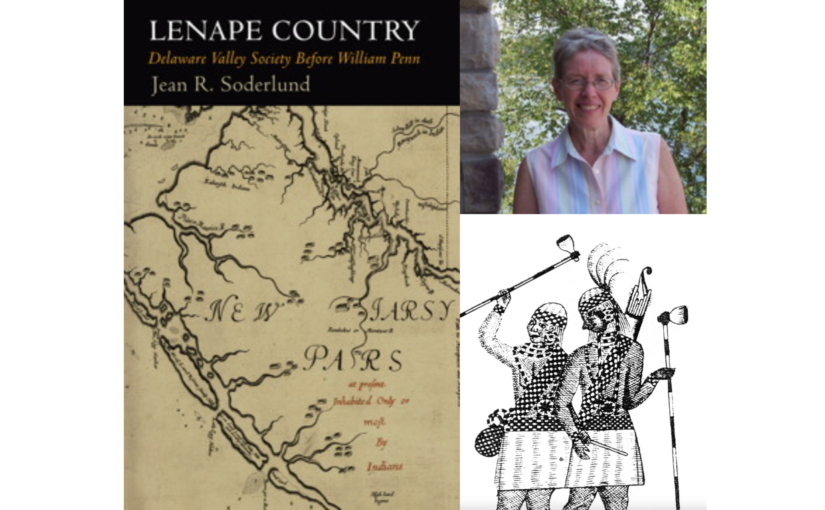 Book cover; headshot of the author and a courtesy illustration of two people in Lenape garb circa 1600s