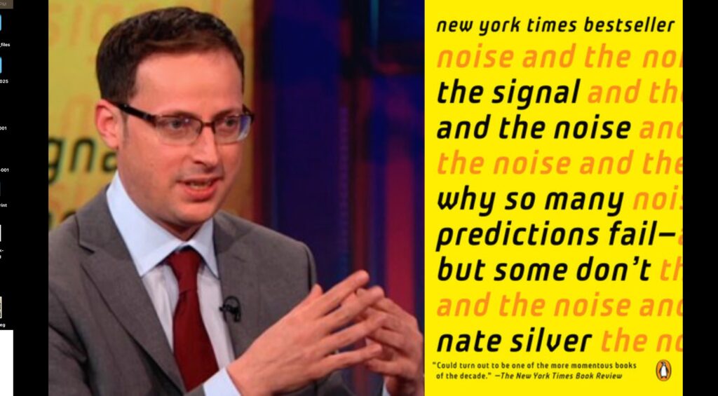 Author headshot in suit and yellow book cover with title Signal and the Noise